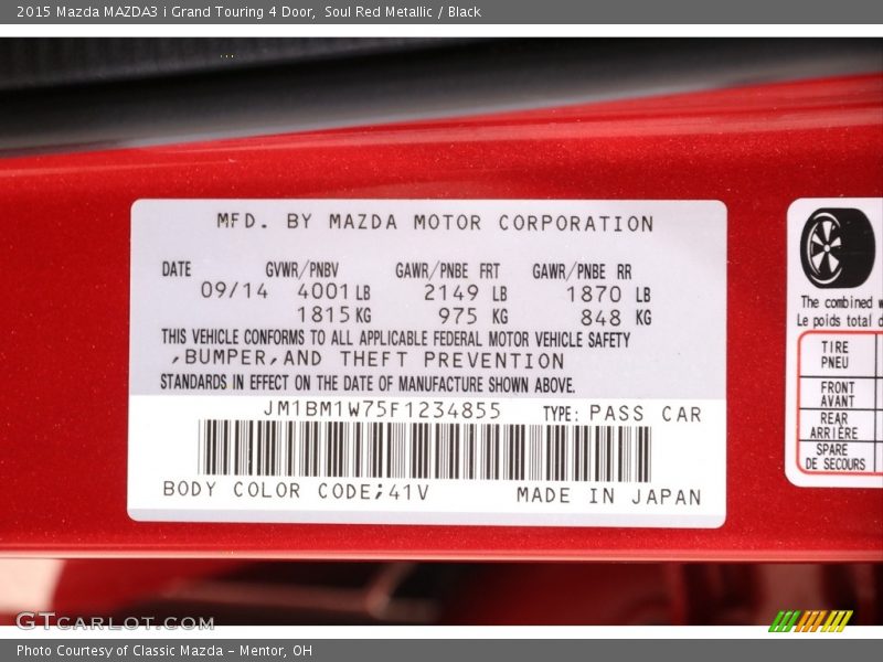 2015 MAZDA3 i Grand Touring 4 Door Soul Red Metallic Color Code 41V