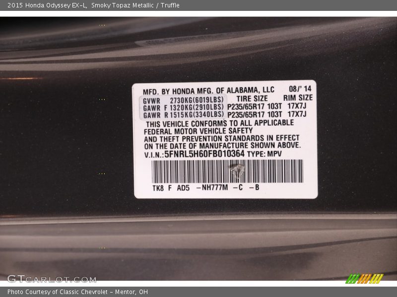 Smoky Topaz Metallic / Truffle 2015 Honda Odyssey EX-L