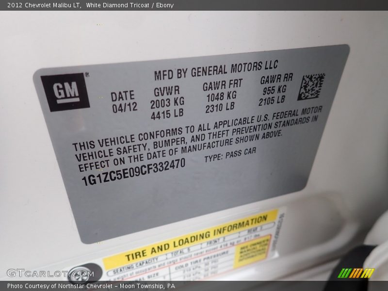 White Diamond Tricoat / Ebony 2012 Chevrolet Malibu LT