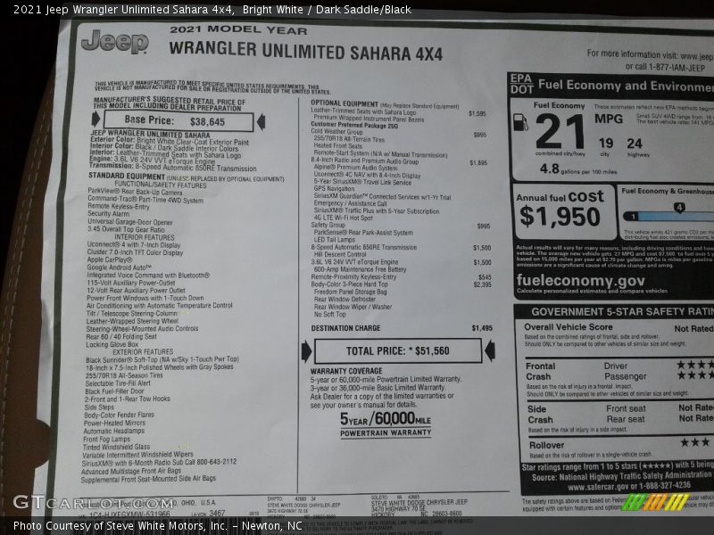 2021 Wrangler Unlimited Sahara 4x4 Window Sticker