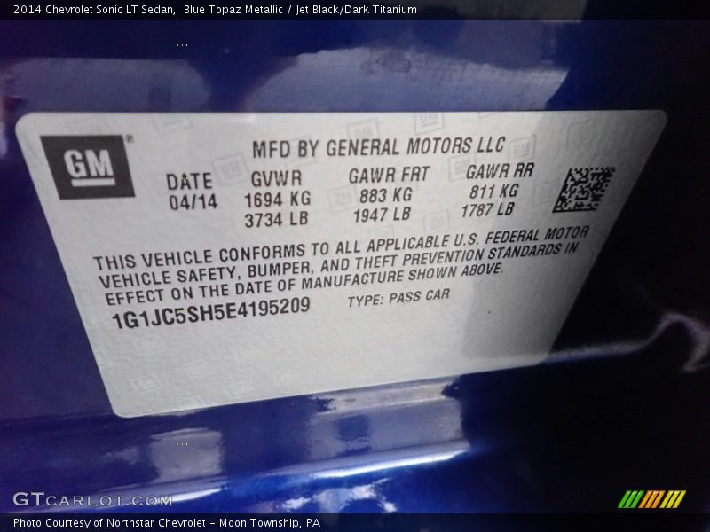 Blue Topaz Metallic / Jet Black/Dark Titanium 2014 Chevrolet Sonic LT Sedan