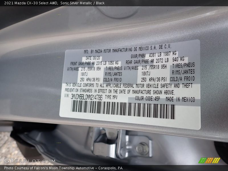 2021 CX-30 Select AWD Sonic Silver Metallic Color Code 45P