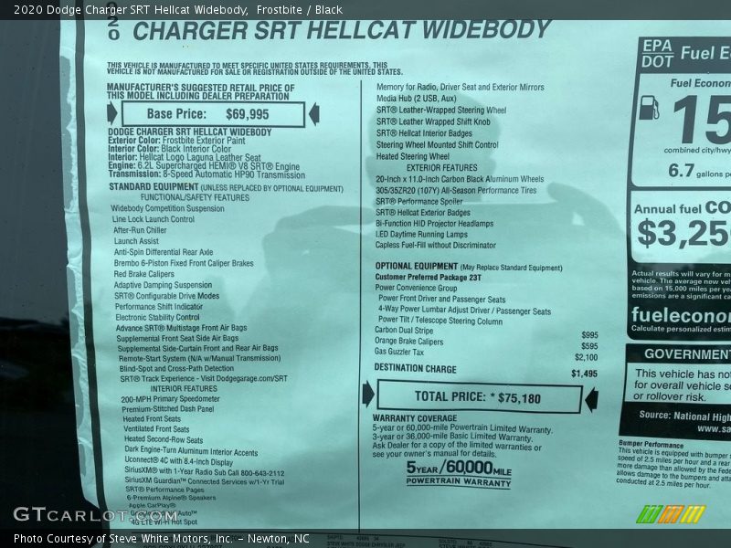  2020 Charger SRT Hellcat Widebody Window Sticker