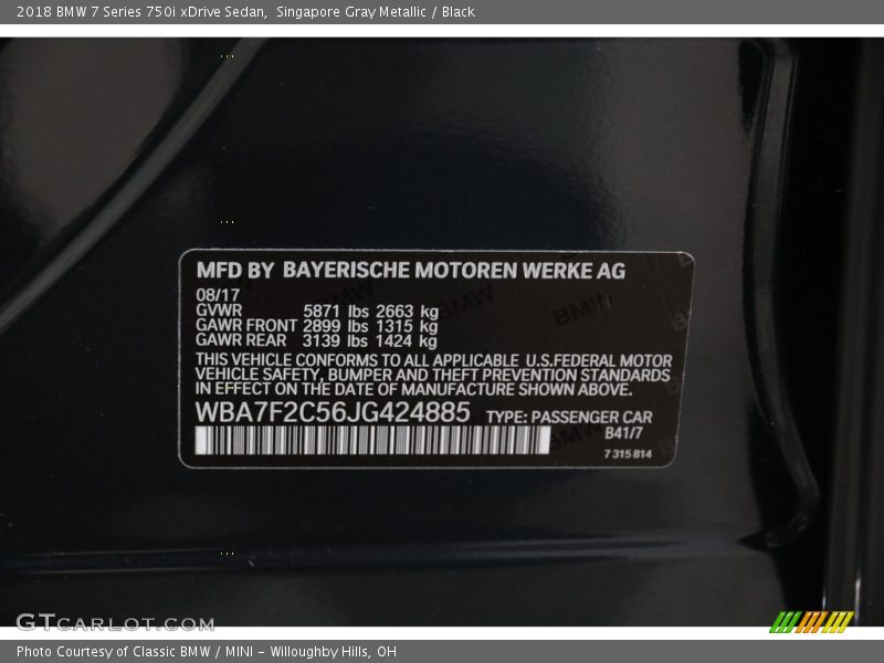2018 7 Series 750i xDrive Sedan Singapore Gray Metallic Color Code B41