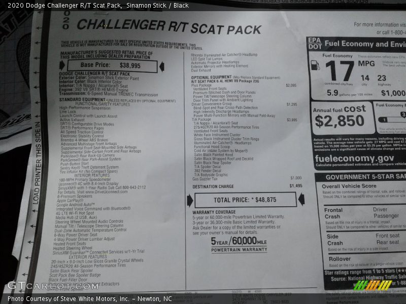  2020 Challenger R/T Scat Pack Window Sticker