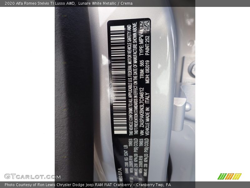 2020 Stelvio TI Lusso AWD Lunare White Metallic Color Code 252