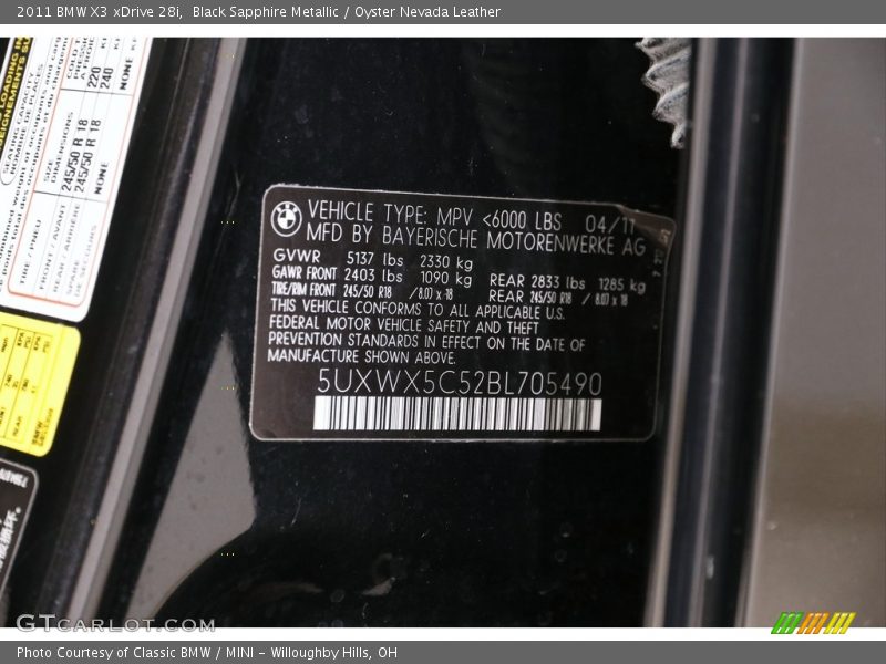 Black Sapphire Metallic / Oyster Nevada Leather 2011 BMW X3 xDrive 28i