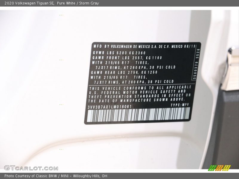 Pure White / Storm Gray 2020 Volkswagen Tiguan SE