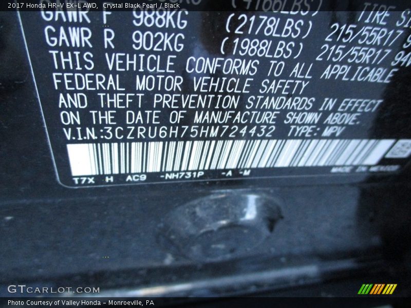 Crystal Black Pearl / Black 2017 Honda HR-V EX-L AWD
