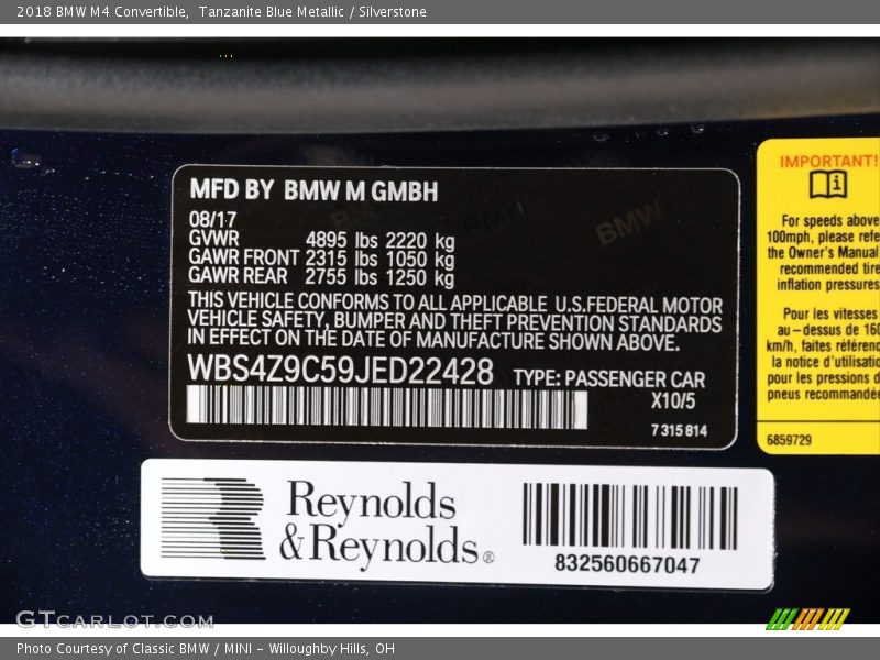 2018 M4 Convertible Tanzanite Blue Metallic Color Code X10