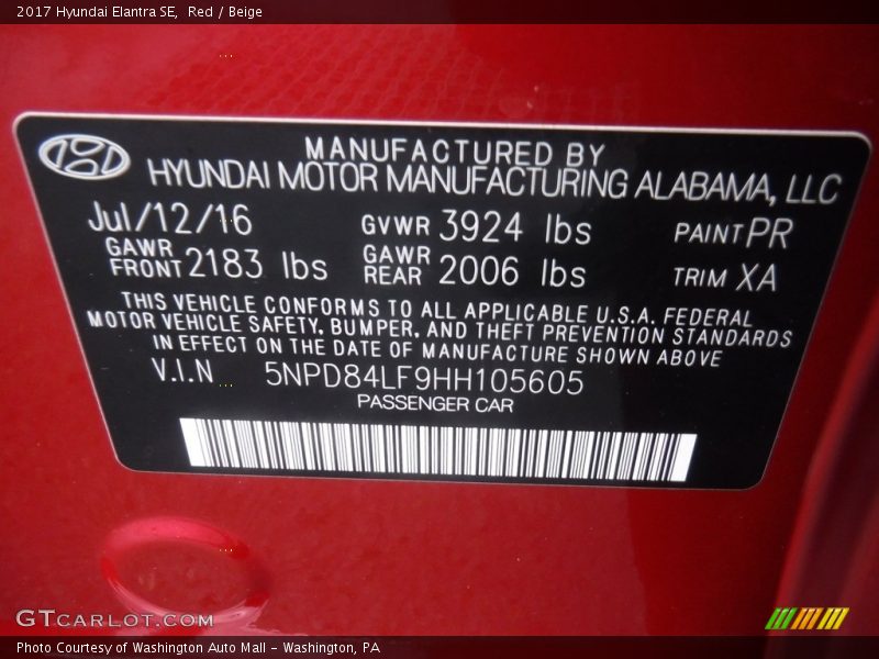 Red / Beige 2017 Hyundai Elantra SE