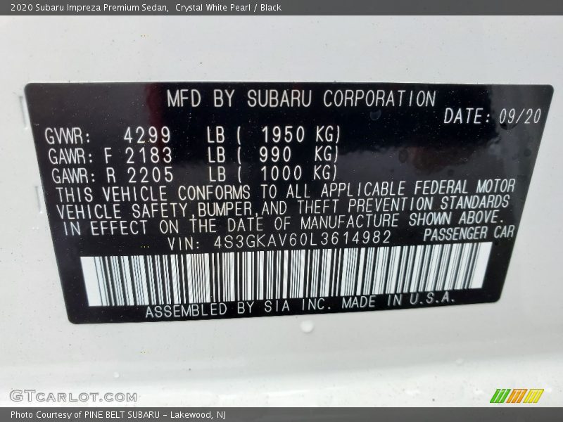 Crystal White Pearl / Black 2020 Subaru Impreza Premium Sedan