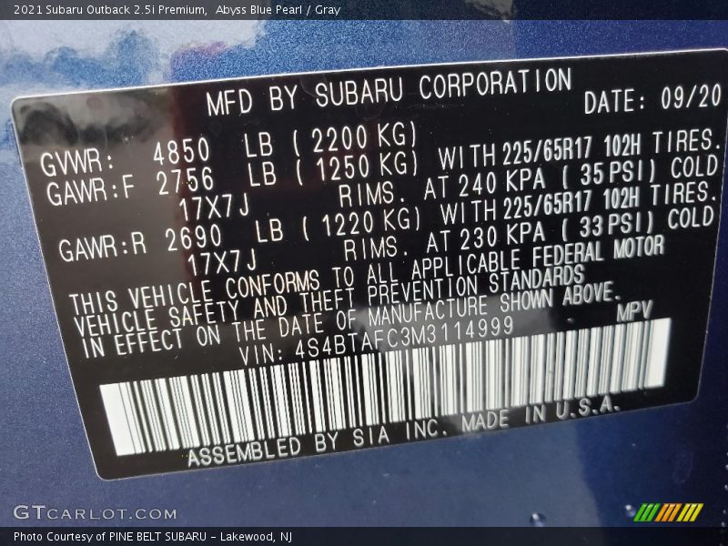 Abyss Blue Pearl / Gray 2021 Subaru Outback 2.5i Premium