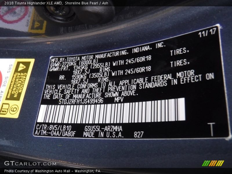 2018 Highlander XLE AWD Shoreline Blue Pearl Color Code 8V5