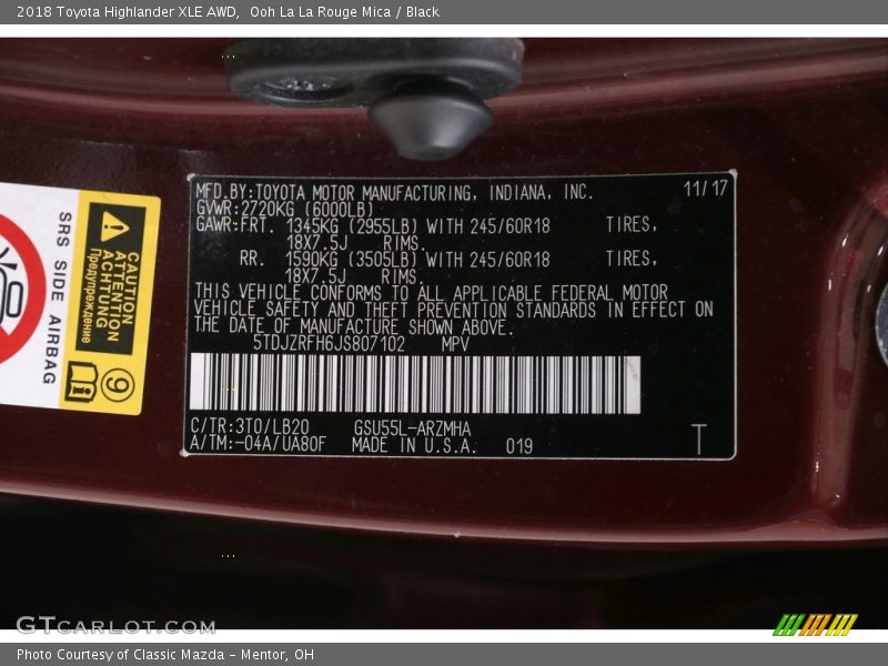 Ooh La La Rouge Mica / Black 2018 Toyota Highlander XLE AWD
