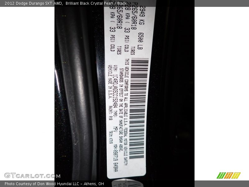Brilliant Black Crystal Pearl / Black 2012 Dodge Durango SXT AWD