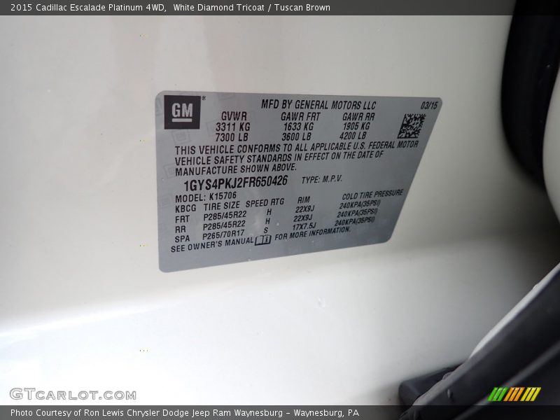White Diamond Tricoat / Tuscan Brown 2015 Cadillac Escalade Platinum 4WD
