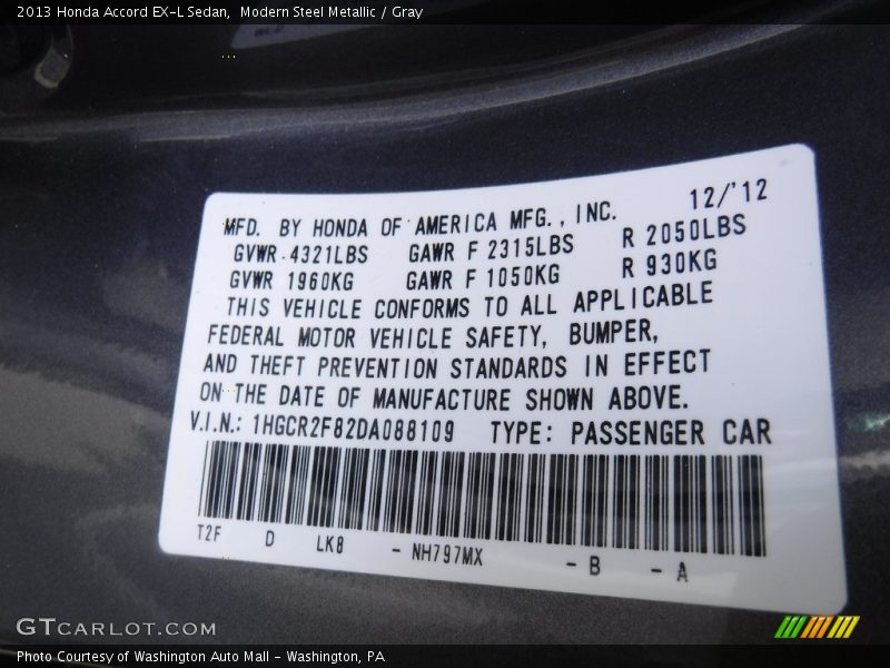 Modern Steel Metallic / Gray 2013 Honda Accord EX-L Sedan