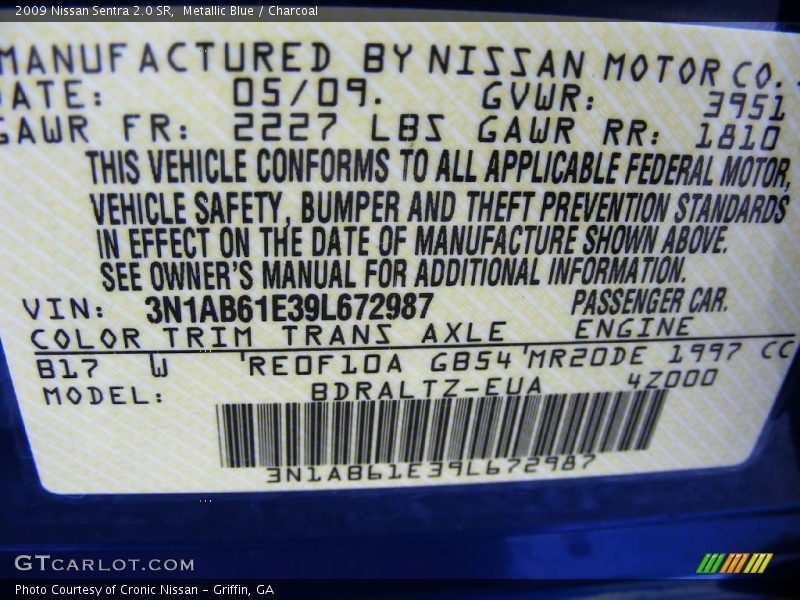 Metallic Blue / Charcoal 2009 Nissan Sentra 2.0 SR