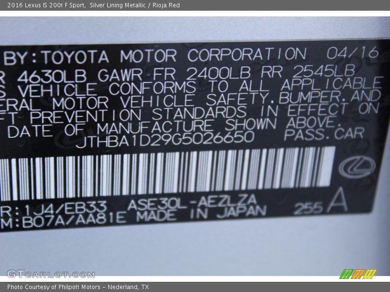 2016 IS 200t F Sport Silver Lining Metallic Color Code 1J4