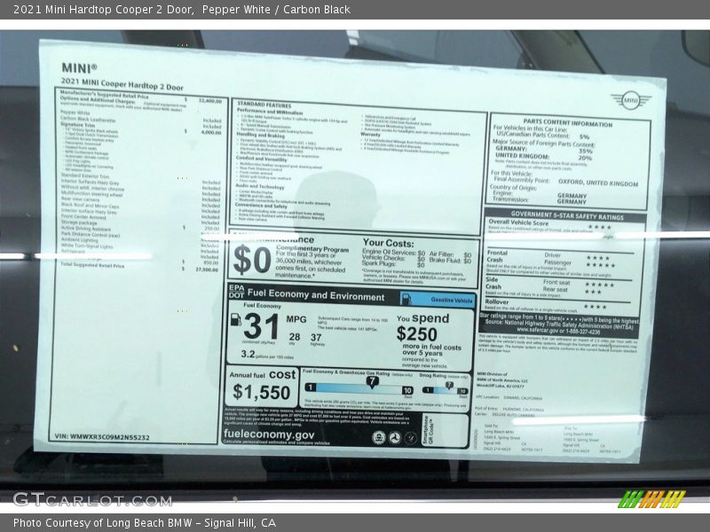  2021 Hardtop Cooper 2 Door Window Sticker