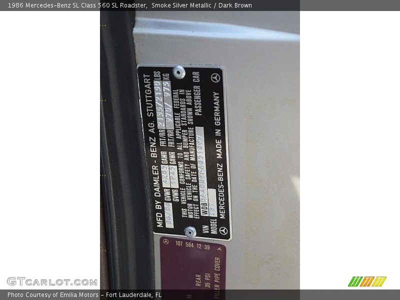 Info Tag of 1986 SL Class 560 SL Roadster