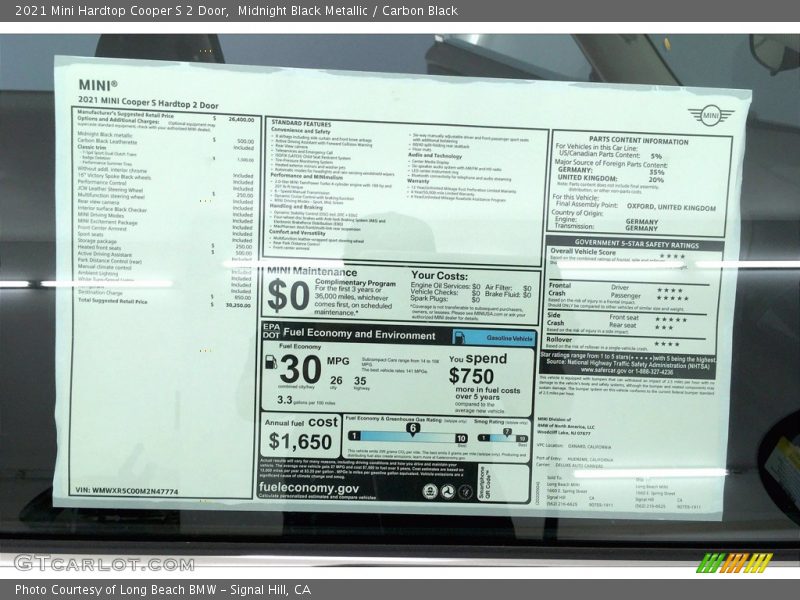  2021 Hardtop Cooper S 2 Door Window Sticker