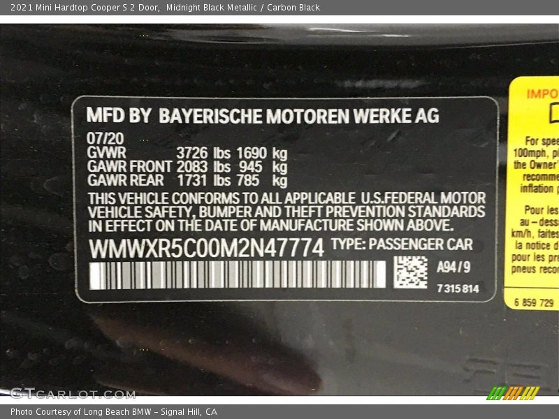 2021 Hardtop Cooper S 2 Door Midnight Black Metallic Color Code A94