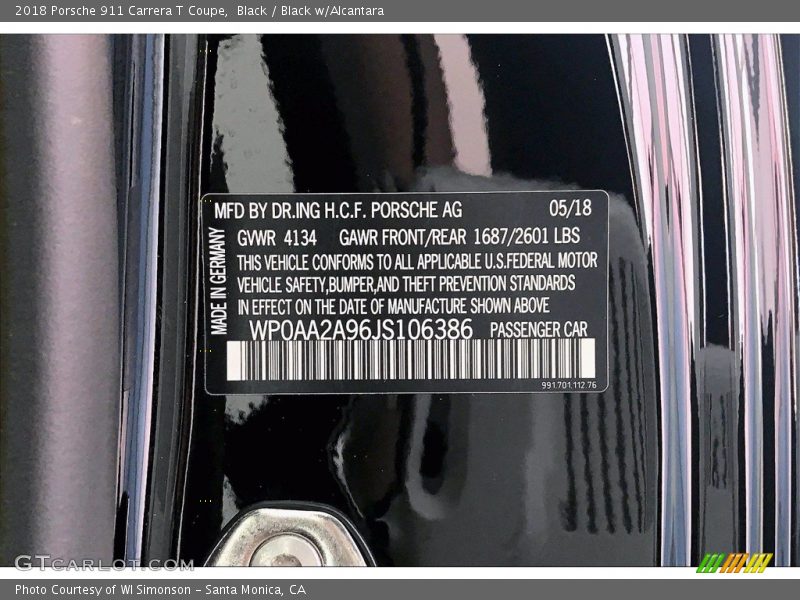 Black / Black w/Alcantara 2018 Porsche 911 Carrera T Coupe
