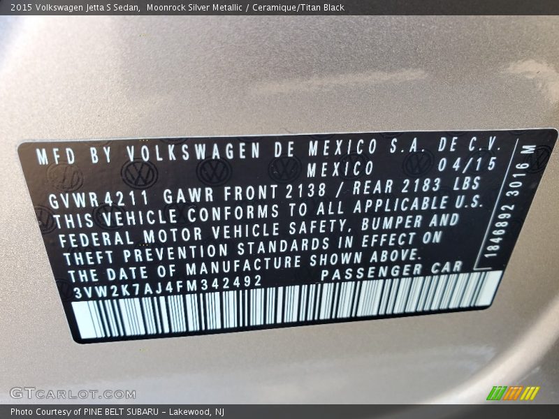 Moonrock Silver Metallic / Ceramique/Titan Black 2015 Volkswagen Jetta S Sedan
