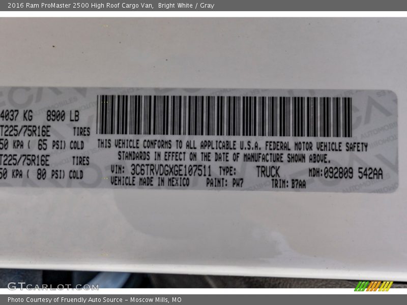 2016 ProMaster 2500 High Roof Cargo Van Bright White Color Code PW7