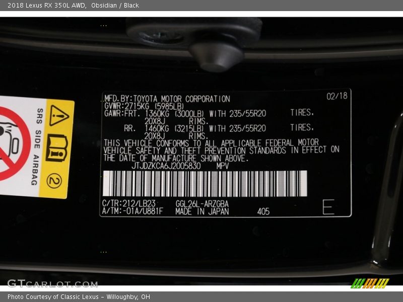 Obsidian / Black 2018 Lexus RX 350L AWD