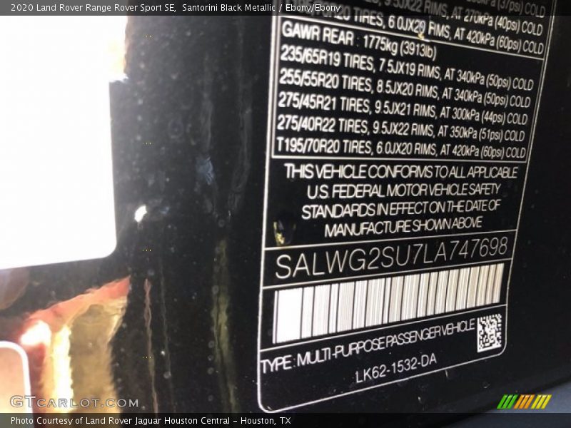 Santorini Black Metallic / Ebony/Ebony 2020 Land Rover Range Rover Sport SE