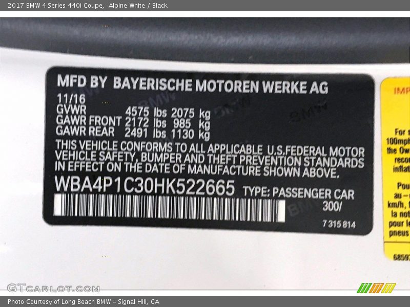Alpine White / Black 2017 BMW 4 Series 440i Coupe