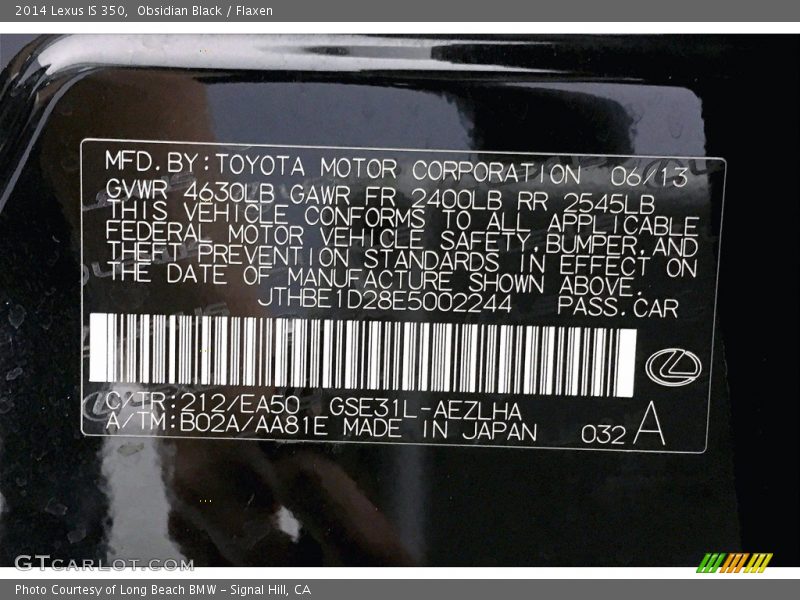 2014 IS 350 Obsidian Black Color Code 212