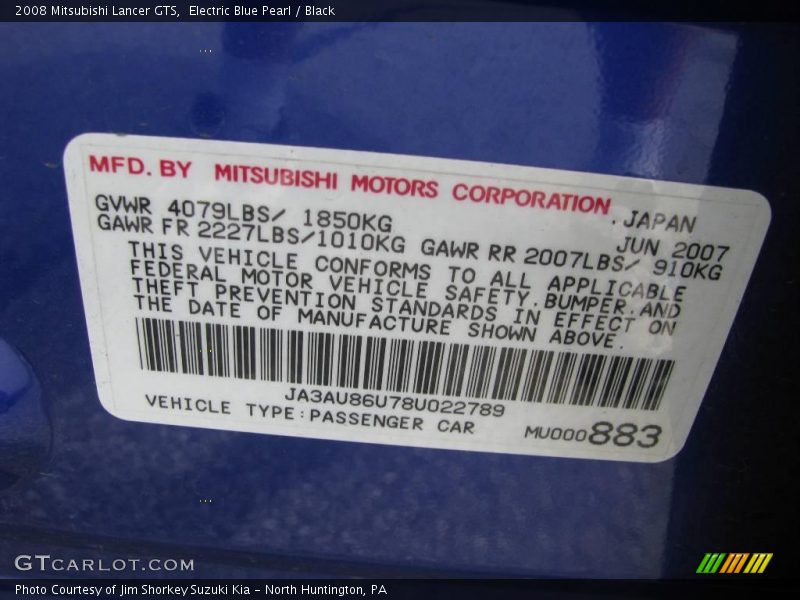 Electric Blue Pearl / Black 2008 Mitsubishi Lancer GTS