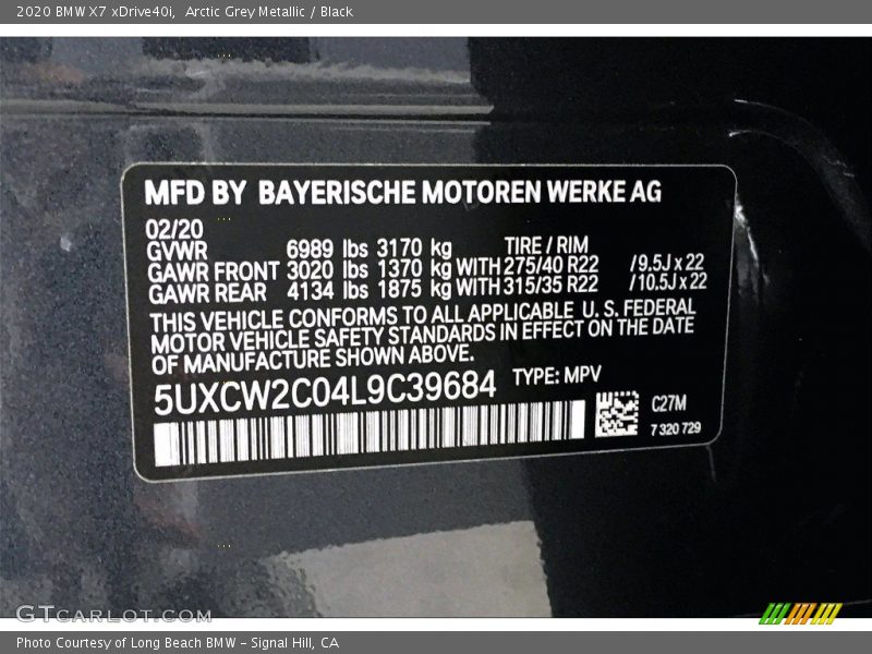 Arctic Grey Metallic / Black 2020 BMW X7 xDrive40i
