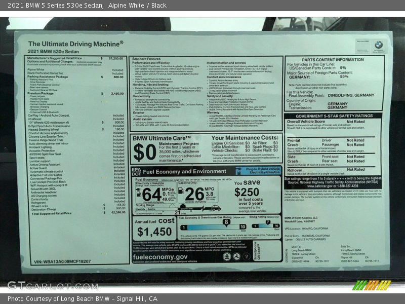  2021 5 Series 530e Sedan Window Sticker