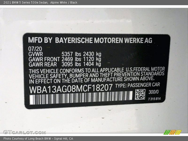 2021 5 Series 530e Sedan Alpine White Color Code 300