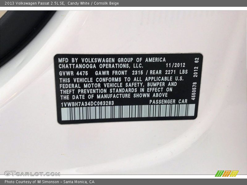 Candy White / Cornsilk Beige 2013 Volkswagen Passat 2.5L SE
