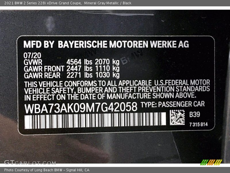 2021 2 Series 228i xDrive Grand Coupe Mineral Gray Metallic Color Code B39