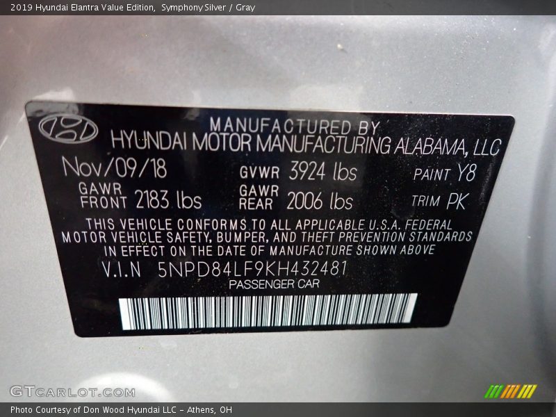 Symphony Silver / Gray 2019 Hyundai Elantra Value Edition