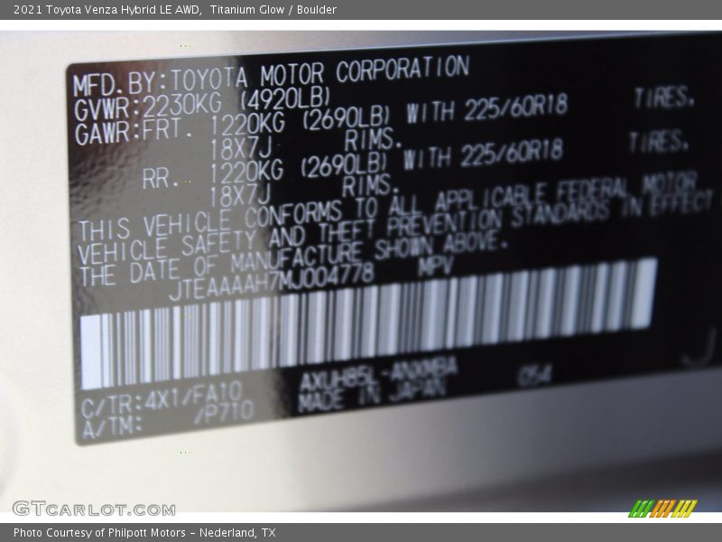 2021 Venza Hybrid LE AWD Titanium Glow Color Code 4X1