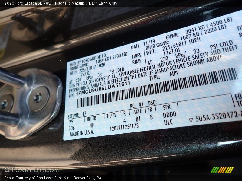 Magnetic Metallic / Dark Earth Gray 2020 Ford Escape SE 4WD