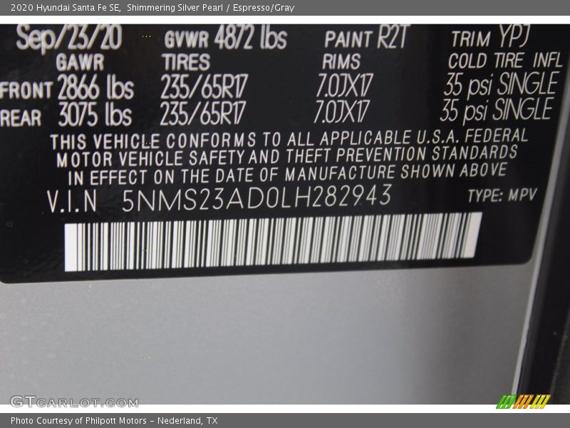 Shimmering Silver Pearl / Espresso/Gray 2020 Hyundai Santa Fe SE