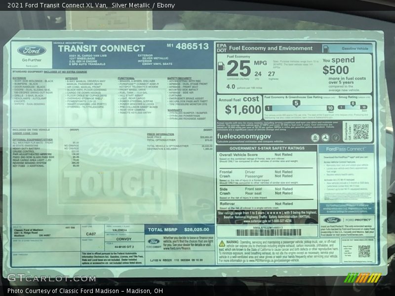  2021 Transit Connect XL Van Window Sticker