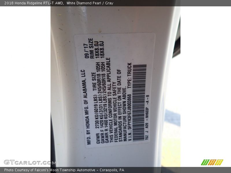 White Diamond Pearl / Gray 2018 Honda Ridgeline RTL-T AWD