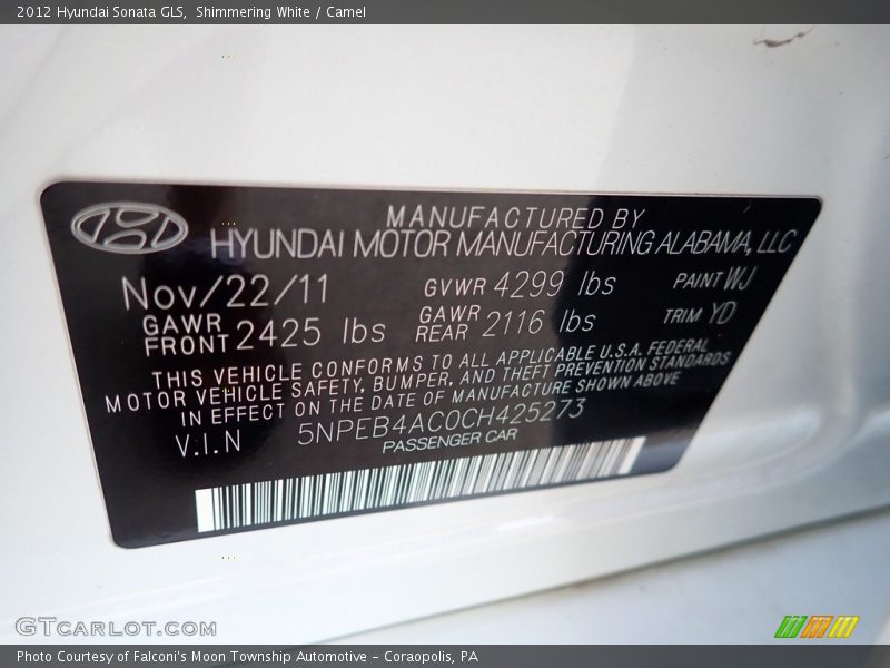 Shimmering White / Camel 2012 Hyundai Sonata GLS