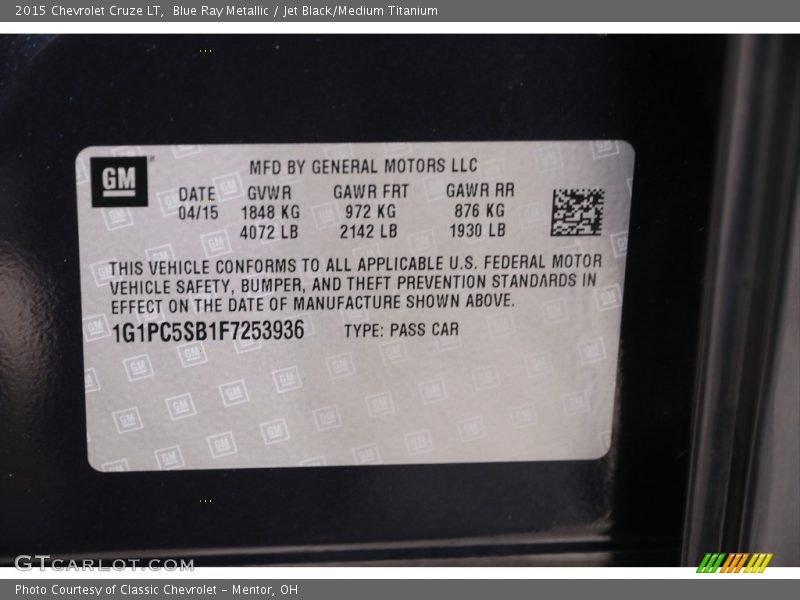 Blue Ray Metallic / Jet Black/Medium Titanium 2015 Chevrolet Cruze LT