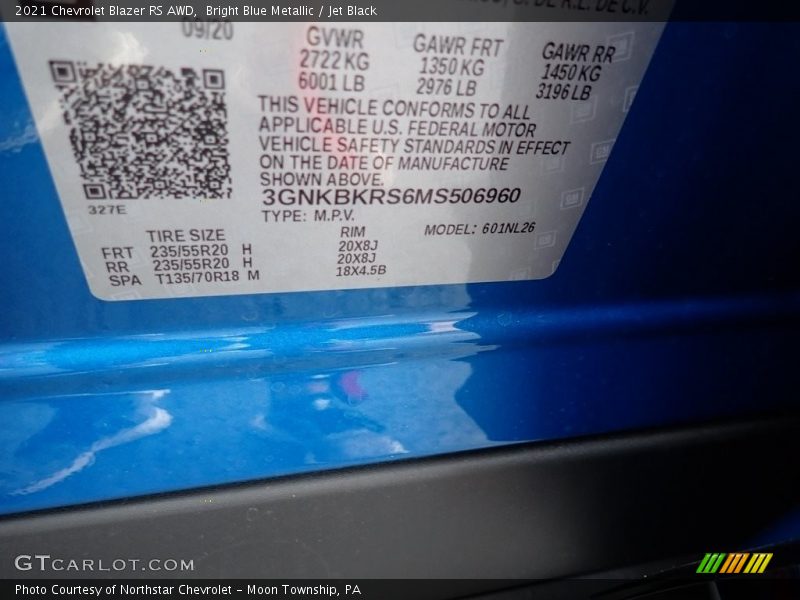 Bright Blue Metallic / Jet Black 2021 Chevrolet Blazer RS AWD